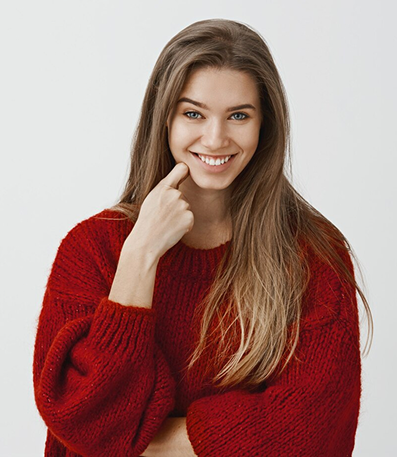 are you kidding me studio shot playful beautiful european woman holding index finger cheek smiling with contempt mocking expressing disbelief hearing funny nonsense story 176420 13816