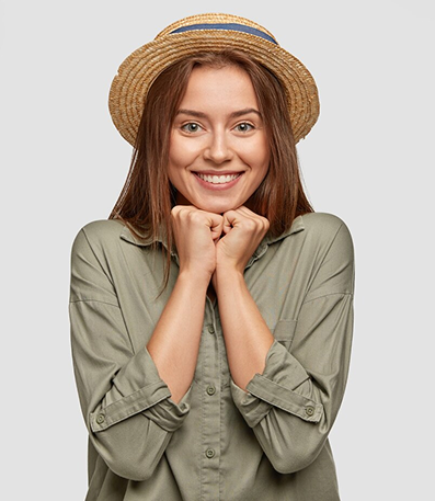 photo good looking young caucasian female holds chin smiles broadly 273609 18558