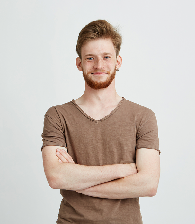 portrait happy cheerful young man with beard smiling with crossed arms